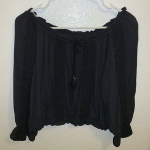Black, cropped, scoop top with lace, 3/4 sleeves